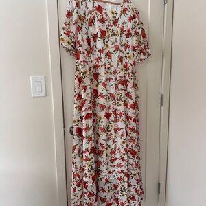 Floral Midi Dress in White and Red
